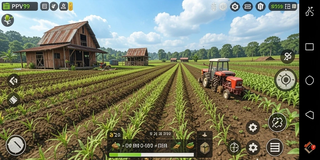 Tampilan gameplay menarik dari PPV99 menunjukkan kebun dan peternakan yang sedang berkembang.